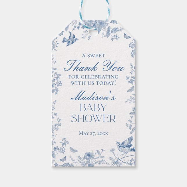 Étiquettes-cadeau Faveurs de Baby Shower avec Toile de Jouy Bleue (Devant)