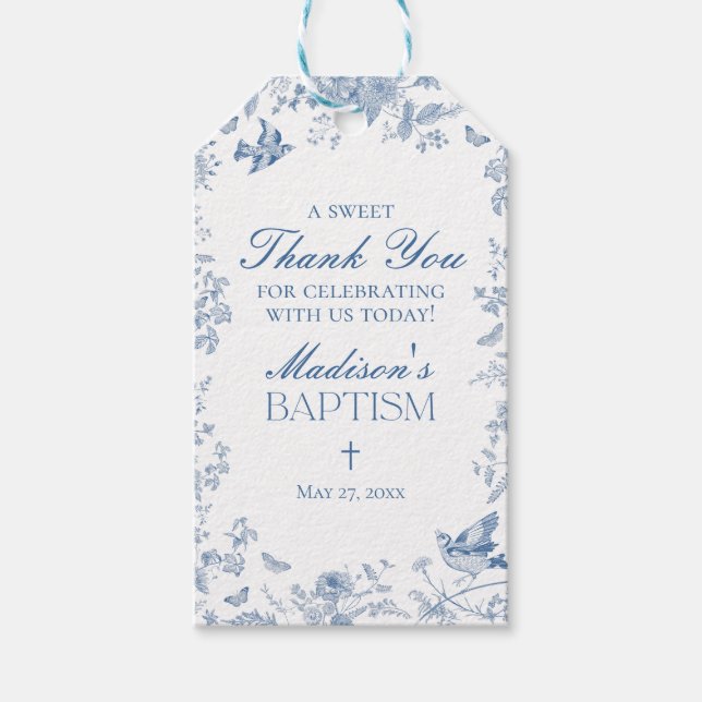 Étiquettes-cadeau Faveurs de baptême Toile de Jouy bleue (Devant)