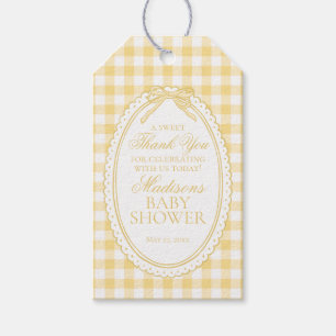 Étiquettes-cadeau Favoris de baby shower ruban coquette gingham jaun