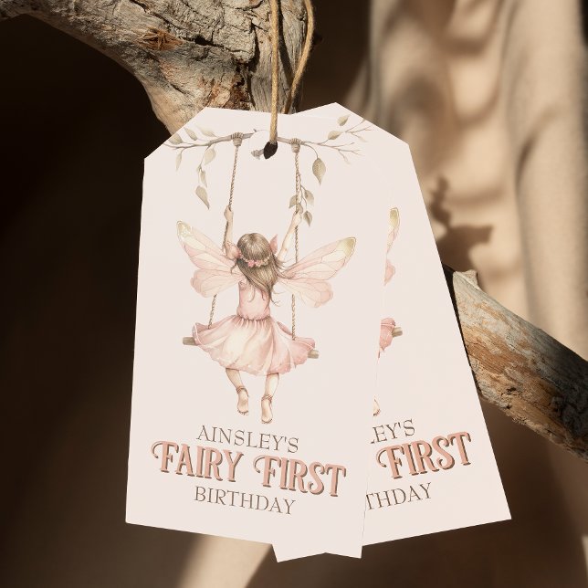 Étiquettes-cadeau Fée rose pâle personnalisée Premier 1er anniversai (Créateur téléchargé)