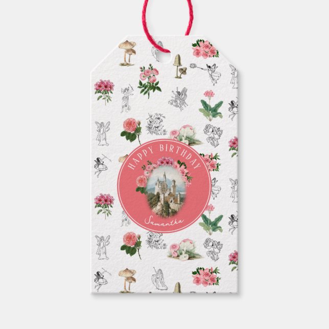 Étiquettes-cadeau Fées Rose Floral Champignons Fairy Castle Annivers (Devant)