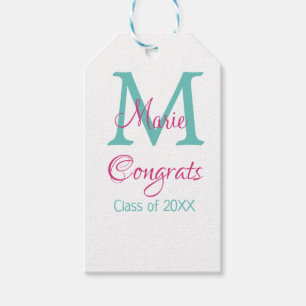 Étiquettes-cadeau Félicitations nom de diplômé monogramme vert rose