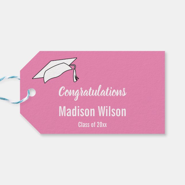 Étiquettes-cadeau Félicitations Pink White Grad Name Graduation (Dos Horizontal)