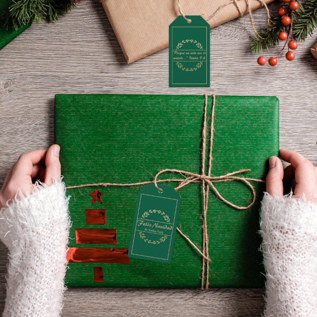 Étiquettes-cadeau Feliz Navidad Christmas Golden White Isaiah 9:6 (Green Spanish Feliz navidad Christmas tag, custom text & name. ConJesusenelcamino)