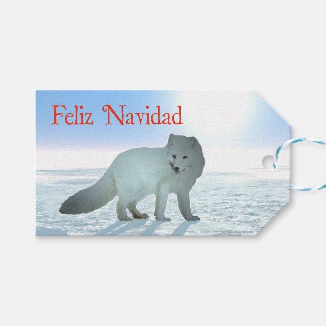 Étiquettes-cadeau Feliz Navidad - Renard arctique (Devant (Horizontal))