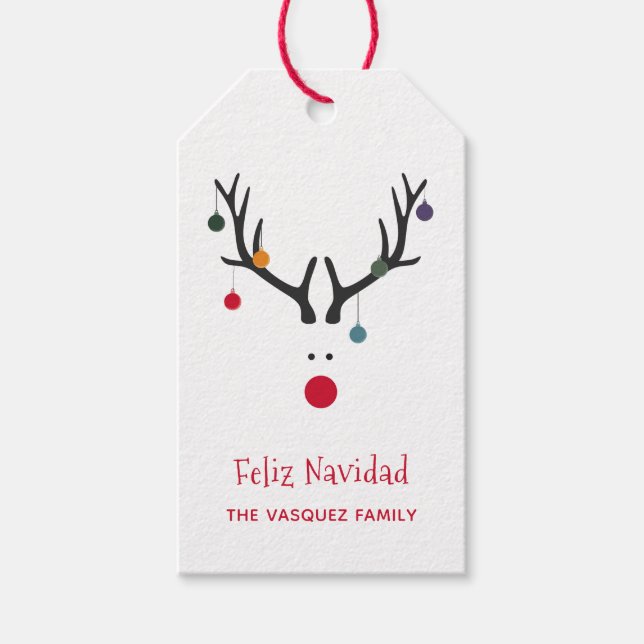 Étiquettes-cadeau Feliz Navidad, renne de Noël drôle et moderne (Devant)