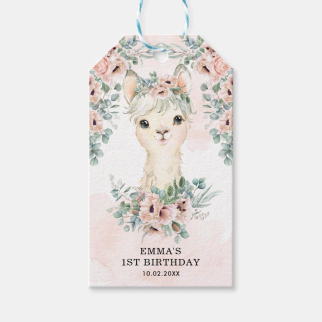 Étiquettes-cadeau Feminine Llama Blush Rose Floral Vert Anniversaire (Devant)