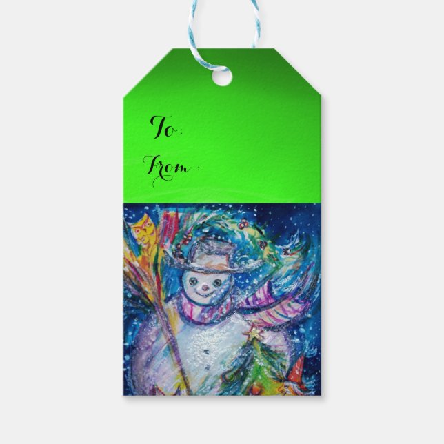 Étiquettes-cadeau FEMME DE NEIGE AVEC ARBRE DE NOËL ET JOUETS, Vert (Devant)