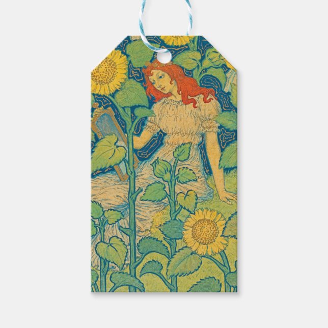 Étiquettes-cadeau Femme-fille de fleurs dans le jardin de tournesol (Devant)