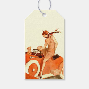 Étiquettes-cadeau Femme, voiture et chien des années 1920