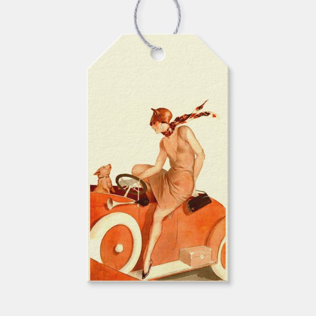 Étiquettes-cadeau Femme, voiture et chien des années 1920 (Devant)