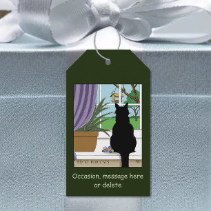 Étiquettes-cadeau Fenêtre de chat noir curieux vert humoristique