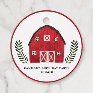 Étiquettes Cadeau Ferme Aquarelle Grange Rouge Anniversaire Merci