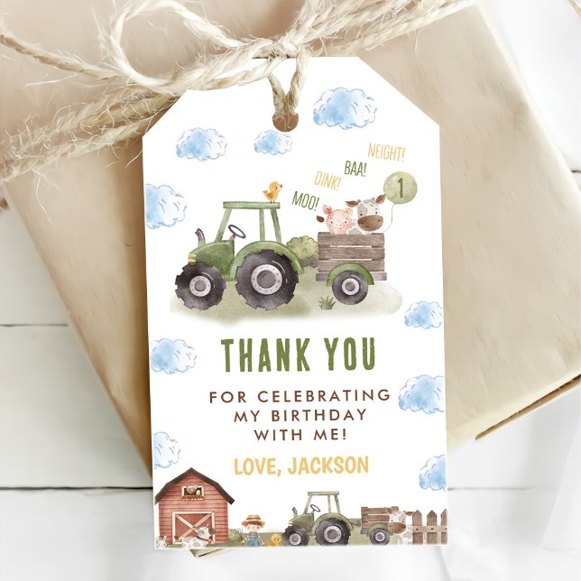 Étiquettes-cadeau Ferme de tracteur aquarelle 1er anniversaire (Créateur téléchargé)