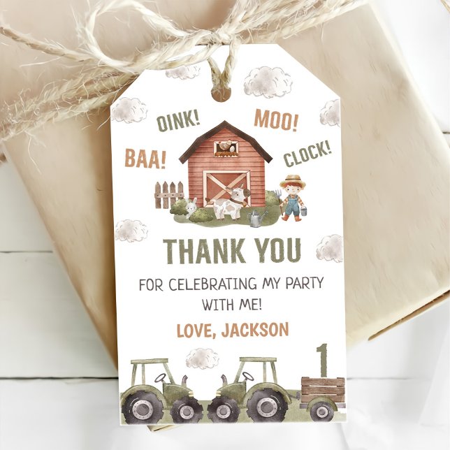 Étiquettes-cadeau Ferme de tracteur aquarelle 1er anniversaire (Créateur téléchargé)