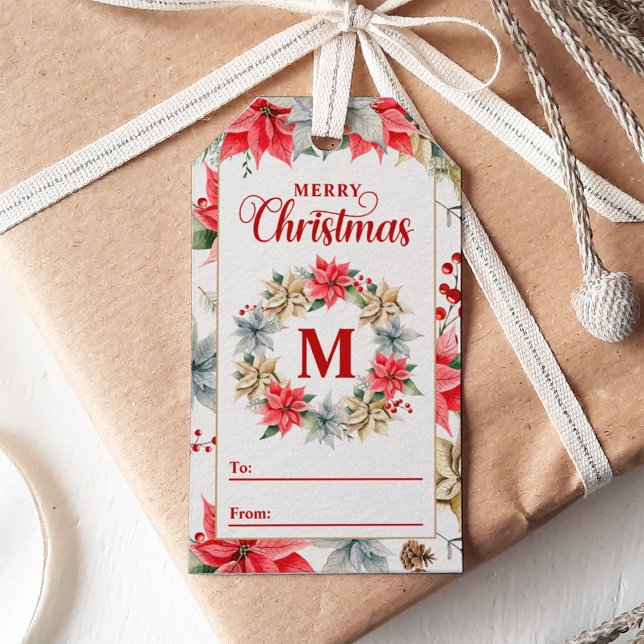 Étiquettes-cadeau Ferme Poinsettia Rustic Monogramme Noël (Créateur téléchargé)