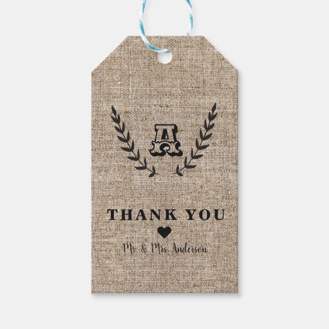 Étiquettes-cadeau Ferme rustique Burlap & Black Botanical Laurel (Devant)