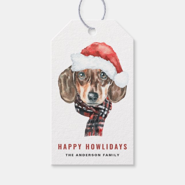 Étiquettes-cadeau Festif aquarelle Dachshund Père Noël Noël (Devant)