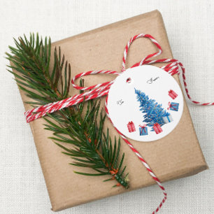 Étiquettes Cadeau Festif Arbre de Noël bleu Rouge Aquarelle Cadeaux