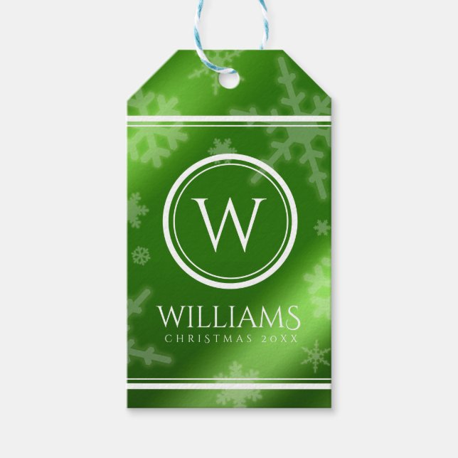 Étiquettes-cadeau Festif Green Foil Snowflakes Nom du monogramme (Devant)
