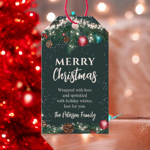 Étiquettes-cadeau Festif lumières de Noël branches de pin vert neige