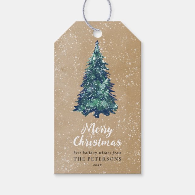 Étiquettes-cadeau Festif moderne Snowy Green Arbre de Noël Kraft (Devant)
