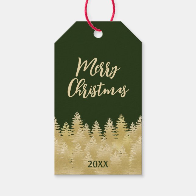 Étiquettes-cadeau Festif Pins d'or vert foncé Joyeux Noël (Devant)