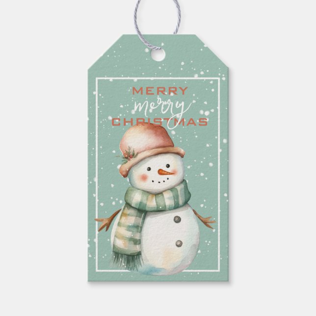 Étiquettes-cadeau Festif Snowman en Turquoise Scarf & Tan Casquette  (Devant)