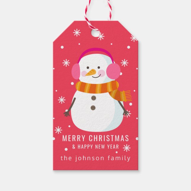 Étiquettes-cadeau Festif Snowman Snowflakes Personnalisé (Devant)