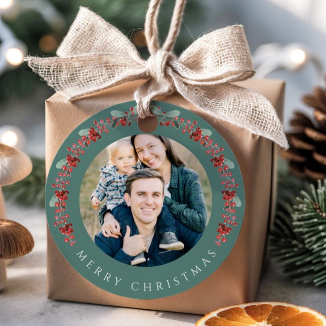 Étiquettes Cadeau Festive Botanical Wreath Photo Christmas (Festive Botanical Wreath Photo Christmas Favor Tags)