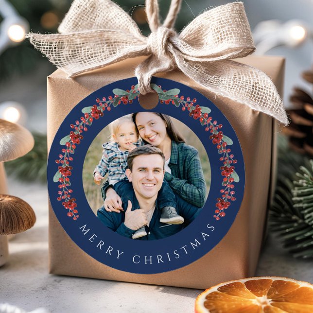 Étiquettes Cadeau Festive Botanical Wreath Photo Christmas (Festive Botanical Wreath Photo Christmas Favor Tags)