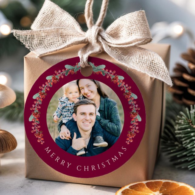 Étiquettes Cadeau Festive Botanical Wreath Photo Christmas (Festive Botanical Wreath Photo Christmas Favor Tags)