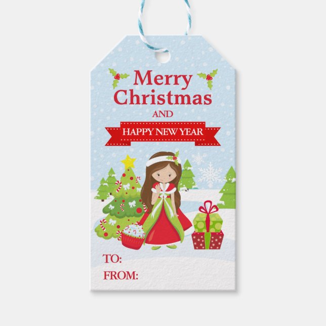 Étiquettes-cadeau Festive Brunette cheveux Noël Princesse (Devant)