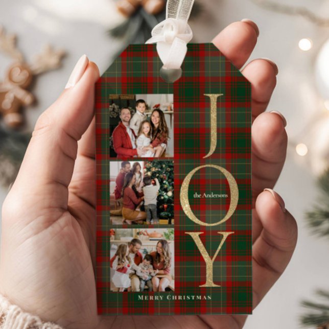 Étiquettes-cadeau Festive Buffalo Plaid 3 Photos collage Noël (Créateur téléchargé)