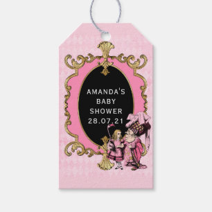 Étiquettes-cadeau Fête bébé Alice au pays des merveilles rose et or