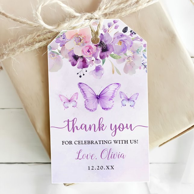 Étiquettes-cadeau Fête d'anniversaire 1 an Papillon Violet Élégant (Créateur téléchargé)