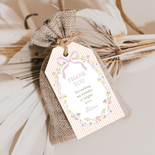 Étiquettes-cadeau Fête d'anniversaire à rayures florales et nœud ros
