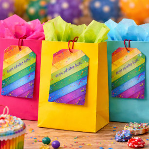 Étiquettes-cadeau Fête d'anniversaire aux rayures arc-en-ciel et con
