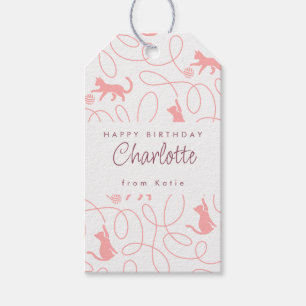 Étiquettes-cadeau Fête d'anniversaire avec motif de chat rose corail