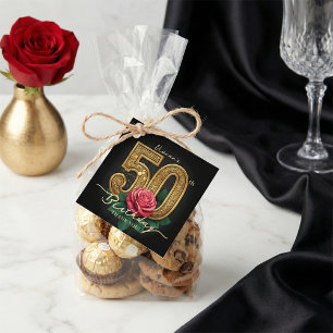 Étiquettes Cadeau Fête d'anniversaire de 50 ans Rose Rouge Or Noir É