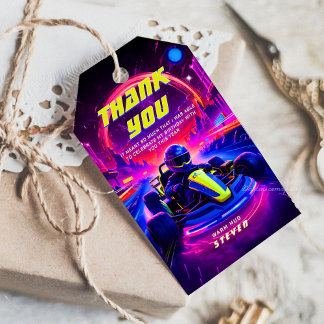 Étiquettes-cadeau Fête d'anniversaire de course de karting futuriste