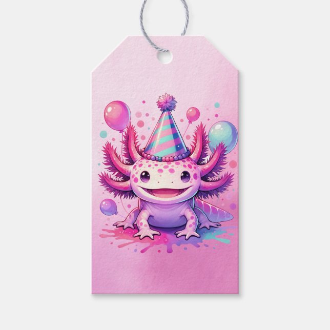 Étiquettes-cadeau Fête d'anniversaire de la fille Axolotl rose et vi (Devant)