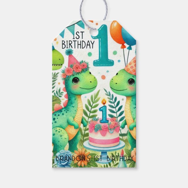 Étiquettes-cadeau Fête d'anniversaire des 1 an de Dinosaur Dino (Devant)