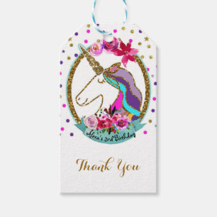 Étiquettes-cadeau Fête d'anniversaire licorne à pois pailletés or