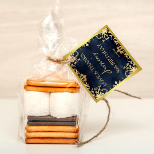 Étiquettes Cadeau Fête d'anniversaire ornementale en noir et or merc