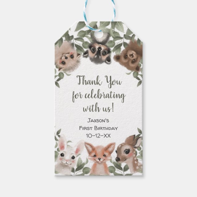 Étiquettes-cadeau Fête d'anniversaire pour les animaux des bois (Devant)