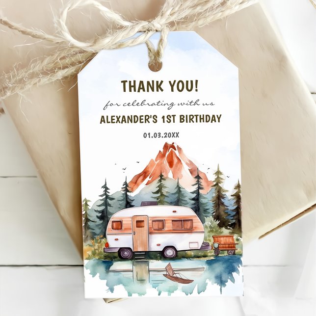 Étiquettes-cadeau Fête d'anniversaire rustique de Camping Mountain (Créateur téléchargé)