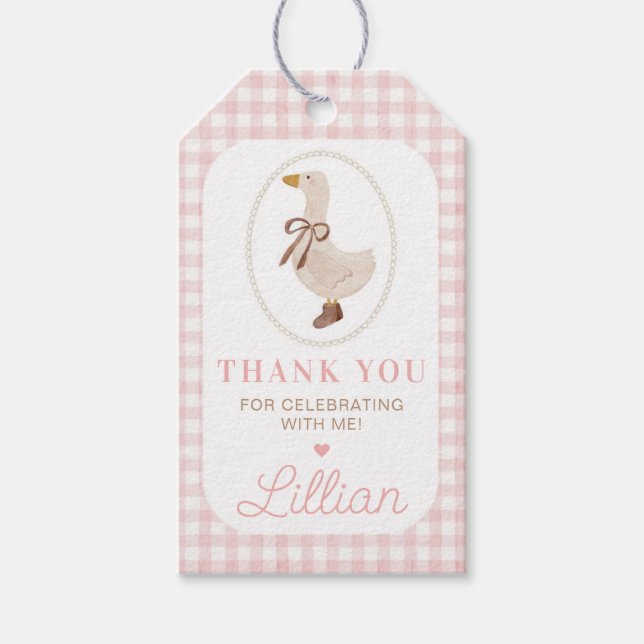 Étiquettes-cadeau Fête d'anniversaire Silly Goose Rose à carreaux (Devant)