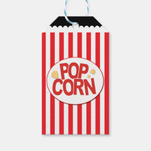 Étiquettes-cadeau Fête de cinéma rayée rouge et blanc Popcorn