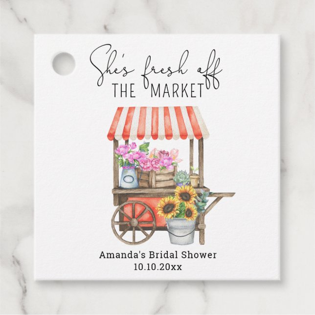 Étiquettes Cadeau Fête de mariage avec chariot de fleurs  (Devant)